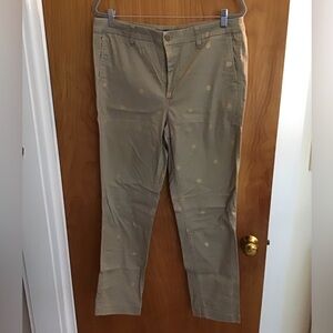 J. Crew chinos tan with gold polka dots.